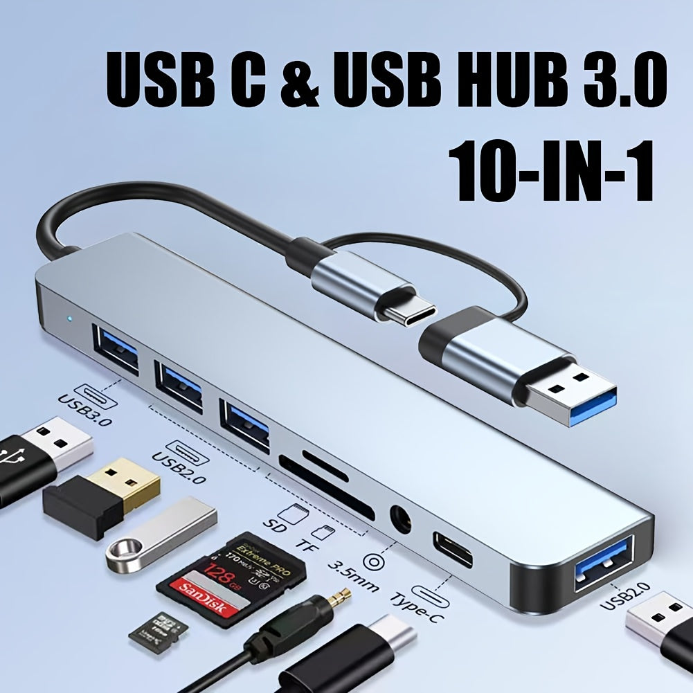 8-in-1 Hub, USB & Type-C Port, Multi-Functional Docking Station with USB 3.0 + USB-C + SD/TF + 3.5mm Audio, Supports Smooth Multi-Port Collaboration, Suitable for Video and Audio Output from Phones, Tablets, Computers, Etc