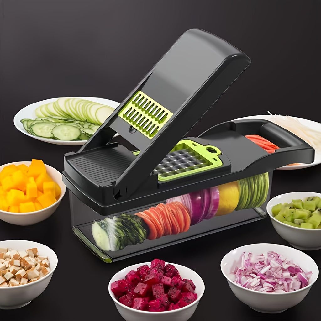Multifunctional 16 in 1 Food Chopper, Vegetable Chopper, Onion Chopper, Vegetable Slicer, Dicer, Vegetable Chopper with 8 Blades, Colander Basket, Salad Potato Carrot Garlic Container, Multifunctional Cutter with Drain Basket, Chopper with Container