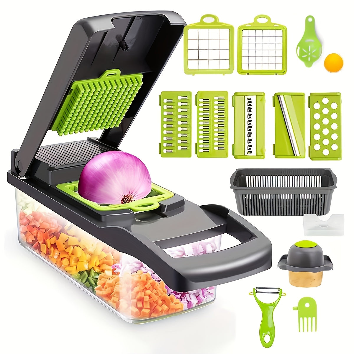 Multifunctional 16 in 1 Food Chopper, Vegetable Chopper, Onion Chopper, Vegetable Slicer, Dicer, Vegetable Chopper with 8 Blades, Colander Basket, Salad Potato Carrot Garlic Container, Multifunctional Cutter with Drain Basket, Chopper with Container