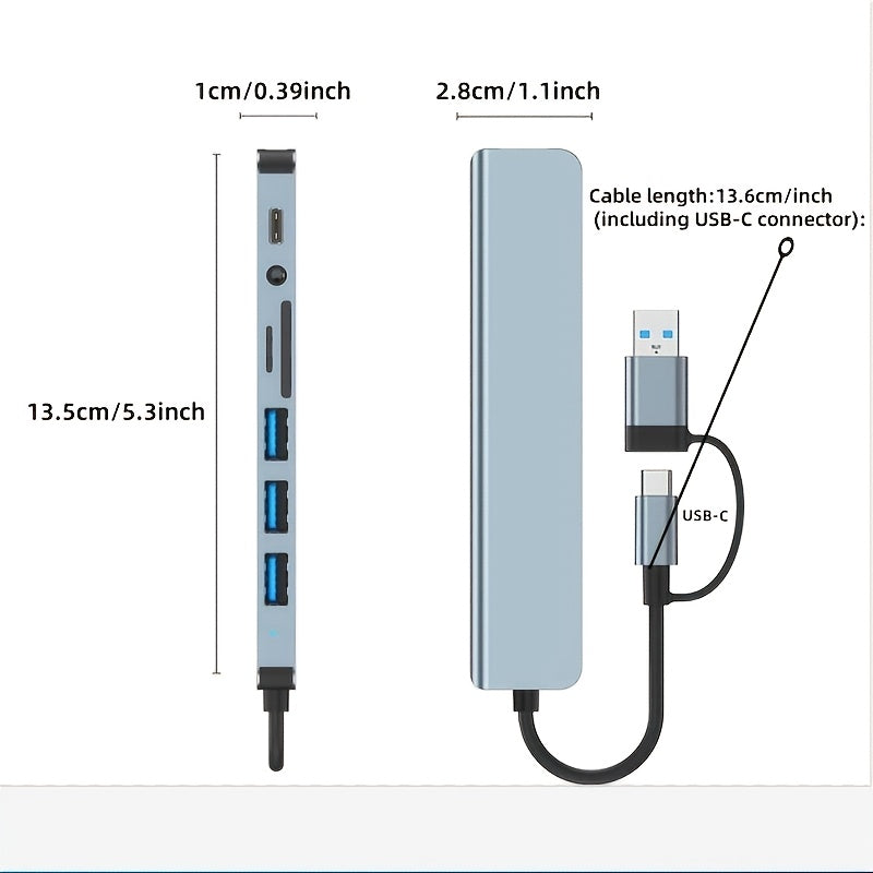 8-in-1 Hub, USB & Type-C Port, Multi-Functional Docking Station with USB 3.0 + USB-C + SD/TF + 3.5mm Audio, Supports Smooth Multi-Port Collaboration, Suitable for Video and Audio Output from Phones, Tablets, Computers, Etc
